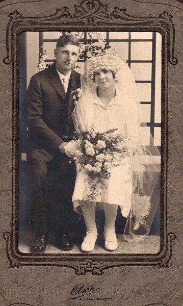 (H)   Eugene and Mary Woida:  Wedding Photo 5-13-1927.  Studio is OLSON - ALEXANDRIA, MINN.